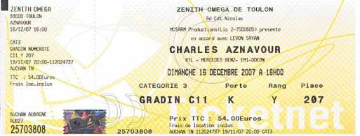 相片: 出售 音乐会票 CHARLES AZNAVOUR - ZENITH OMEGA TOULON
