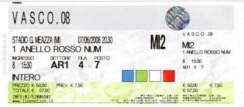 相片: 出售 音乐会票 CONCERTO VASCO 6 E  7 GIUGNO - MILANO